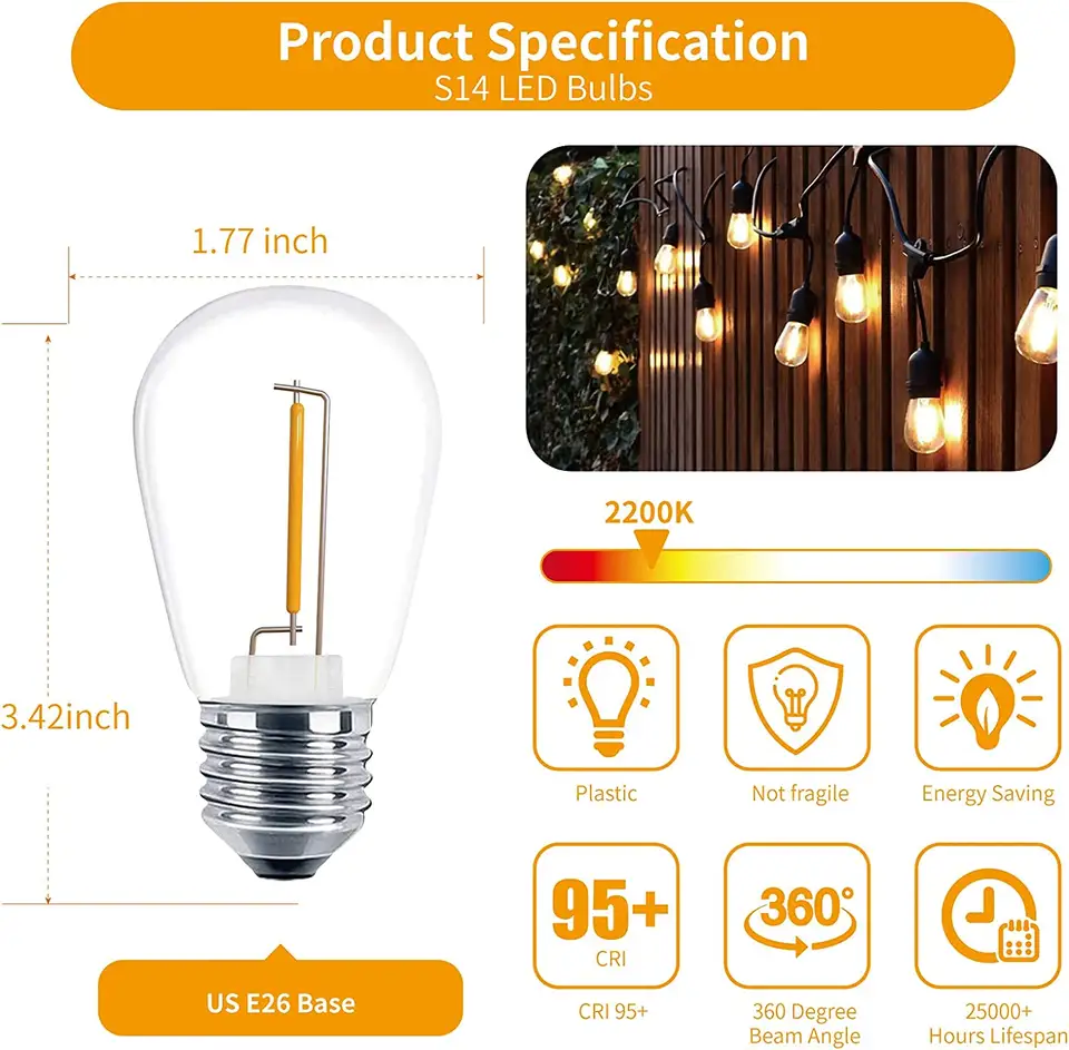 10m 15m 48ft 50m Outdoor Energy Saving Globe String Lights S14 Clear LED Bulbs Festoon Patio Strong String Lights