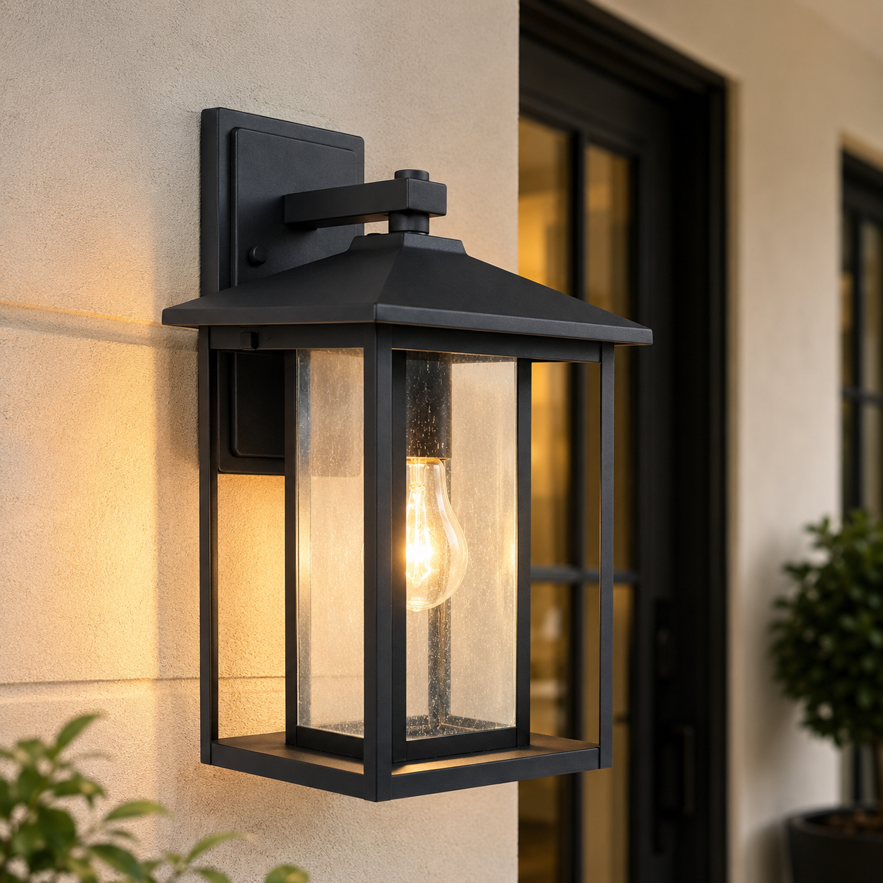 Modern Black Outdoor Wall Lantern E26 E27 Waterproof Exterior Wall Sconce Clear Glass Porch Light for Patio Garden Garage Villas