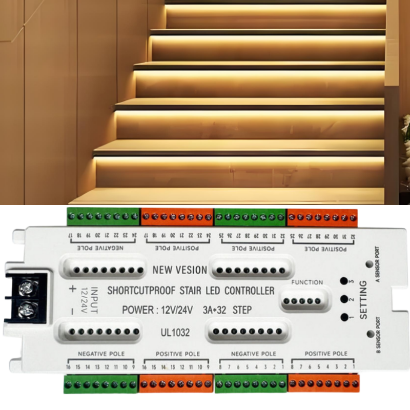 JIUAN 32-Channel Plastic LED Stair Lights PIR Motion Sensor Controller Indoor 12V/24V Automatic Stairway Ladder Step 500W Max