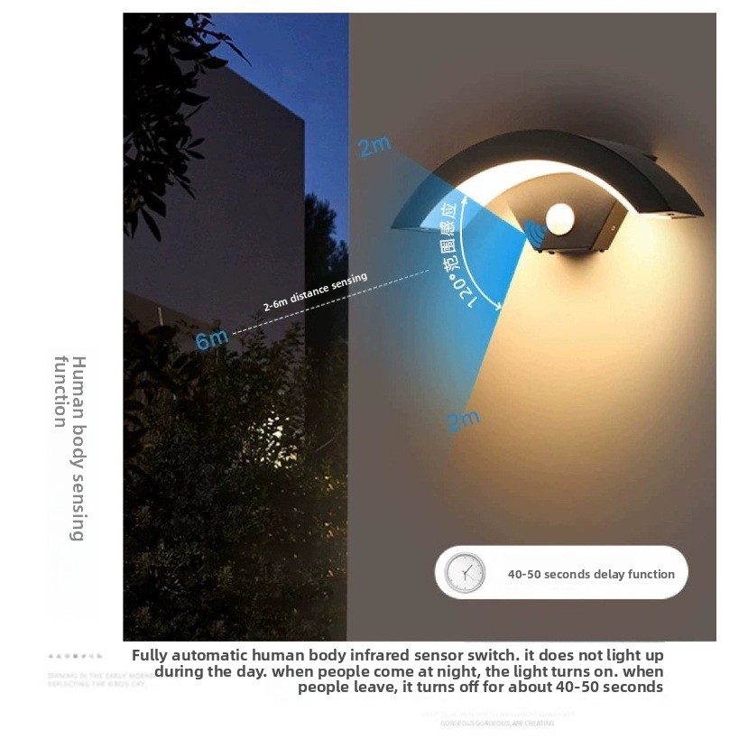 FY806 LED Outdoor Waterproof Motion Sensor Moon-Shaped Wall Light for Courtyard Balcony &amp; Entrance