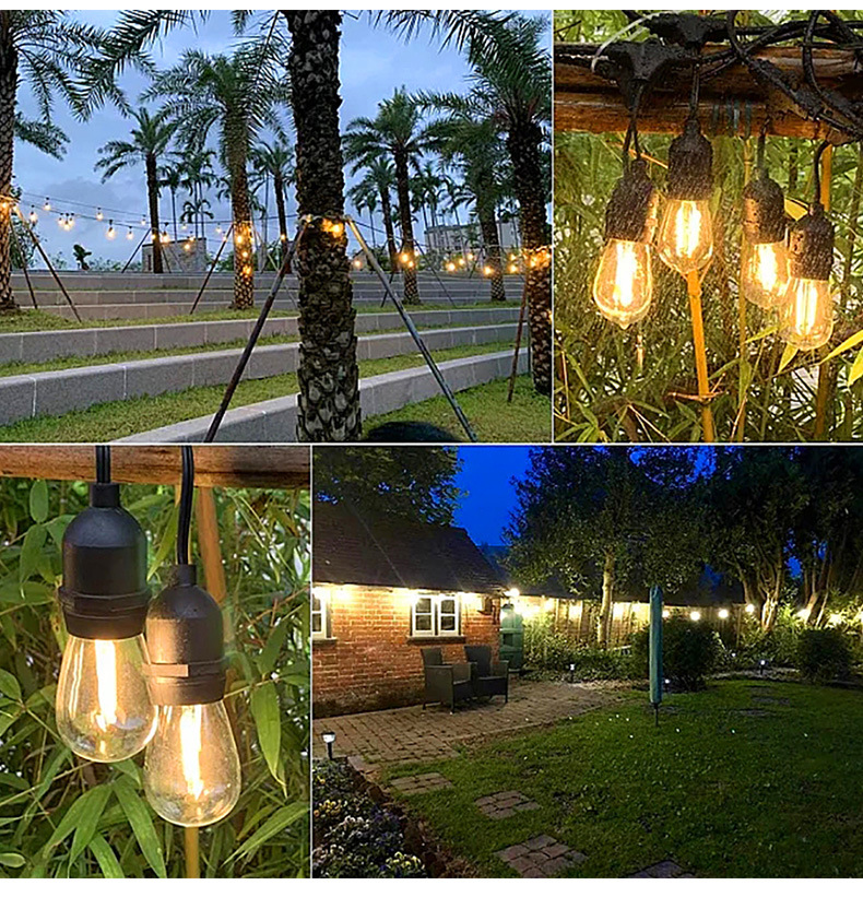 Solar Led Light Outdoor 10m 20m 30m E27 S14 Filament Commercial Grade Waterproof Garden Festoon String Lights