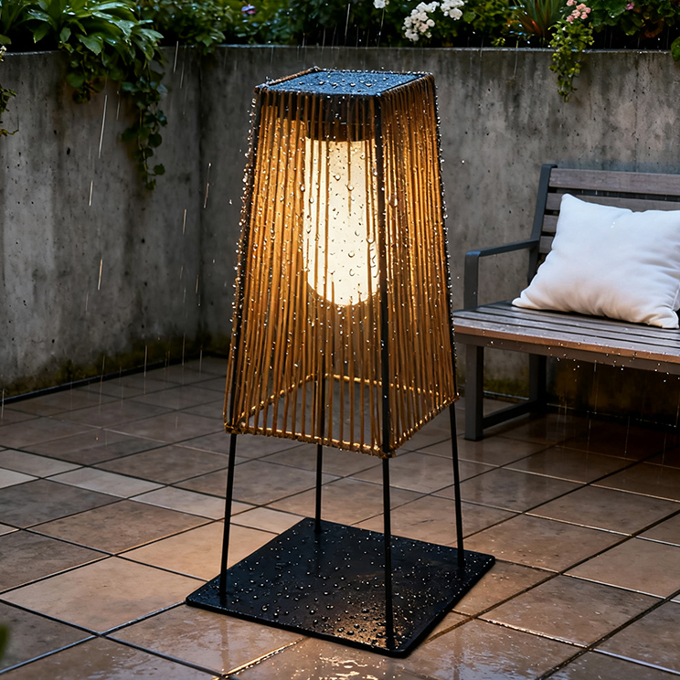 Solar Floor Lamp Outdoor Solar Powered Lantern for Patio Waterproof Rattan Deck Lights for Porch Yard Garden Lawn Pathway