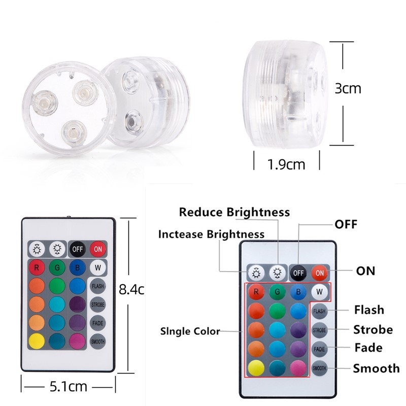 3 LEDs RGB IP68 Waterproof Swimming Pool Light Battery With 24 Key Remote Control for Vase Pond Aquarium Submersible Light