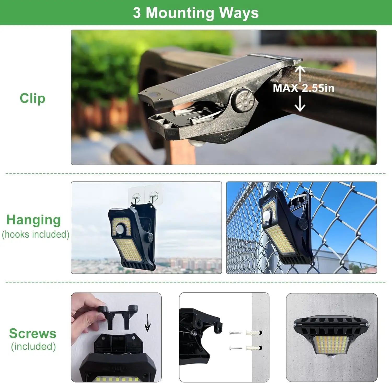 Motion Sensor Outdoor Waterproof Clip on Solar &amp; USB Powered Security Solar Lights for Outside Fence Chain Link Camping Gutter