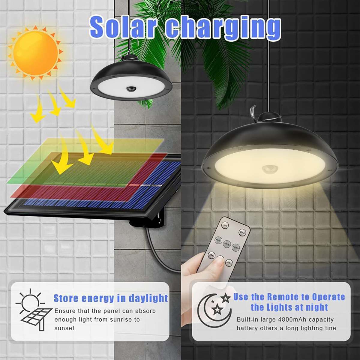 Remote Control Solar LED Pendant Light Outdoor/Indoor Double Head Motion Sensor 100LM IP65 Waterproof DC 3 Lighting Modes
