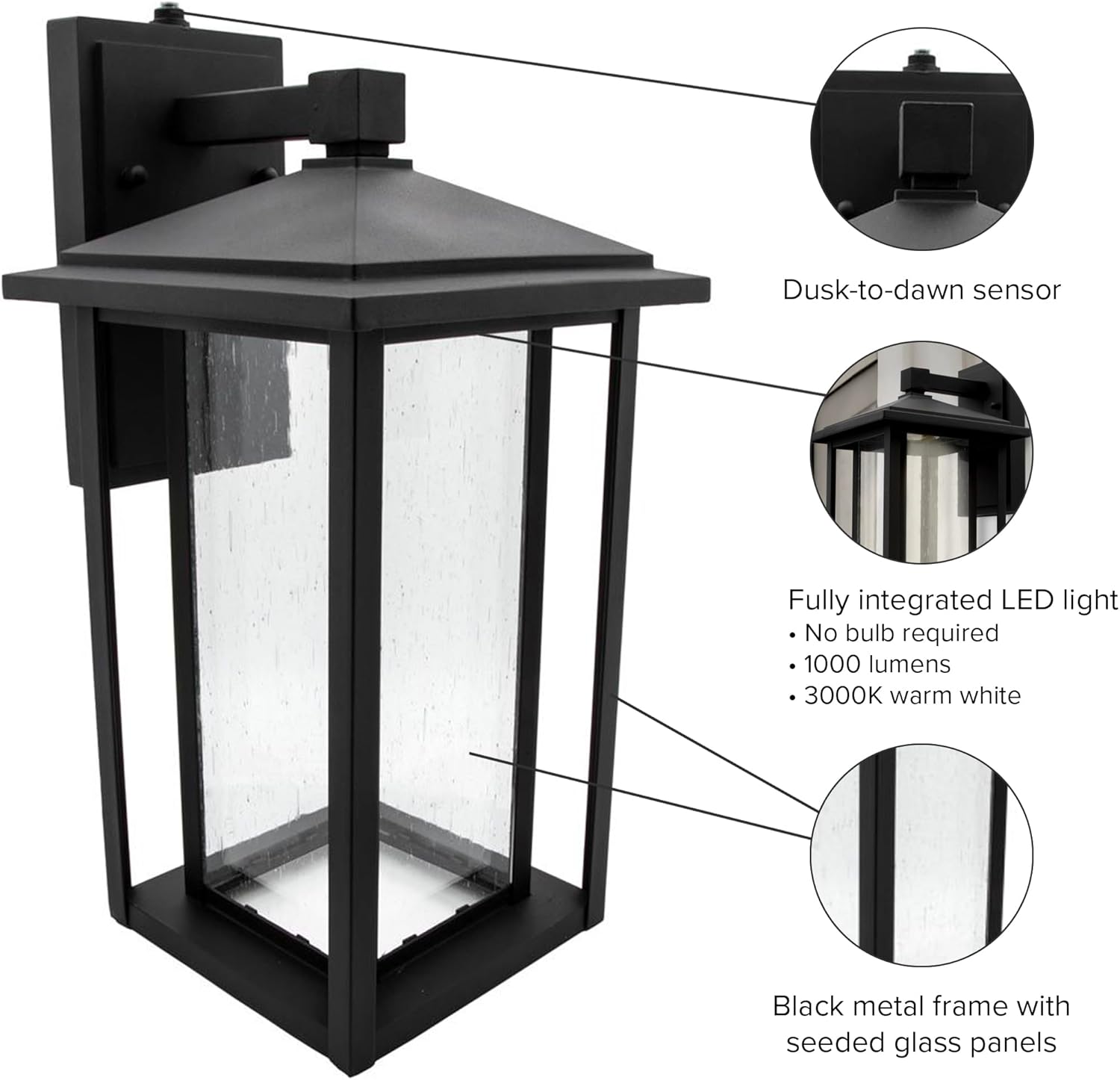 LED Outdoor Wall Light Square Decorative Home Porch Lantern with Automatic Dusk to Dawn Photocell Sensor Seeded Glass Design
