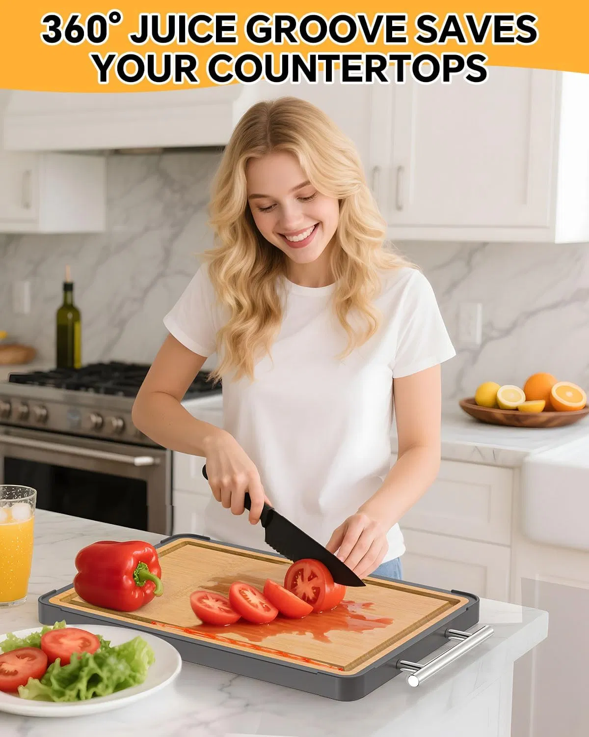 Food Grade Double Sided Pure Titanium&amp; Bamboo Chopping Board with Handle