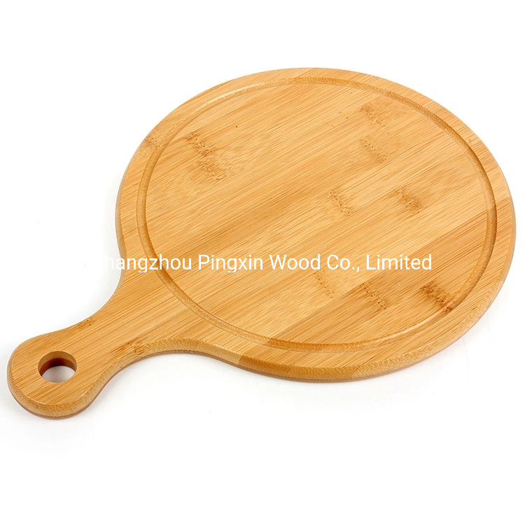 Free Customized Round Bamboo Pizza Cutting Board with Handle with Juice Groove