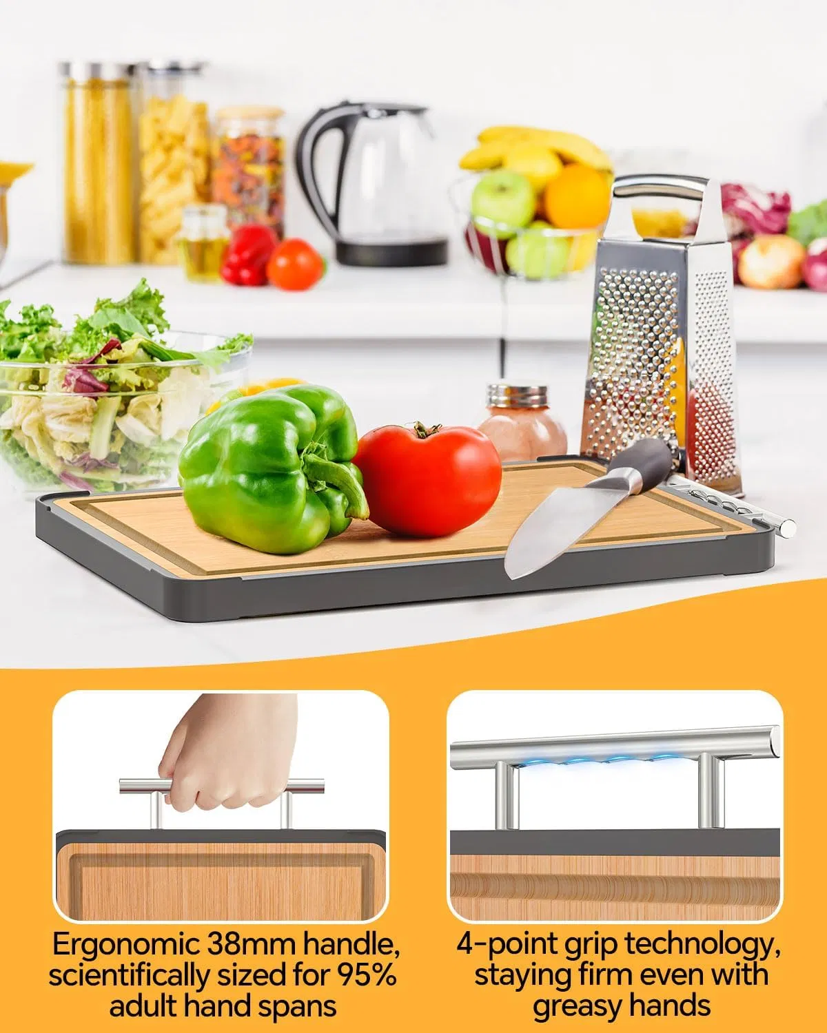Food Grade Double Sided Pure Titanium&amp; Bamboo Chopping Board with Handle