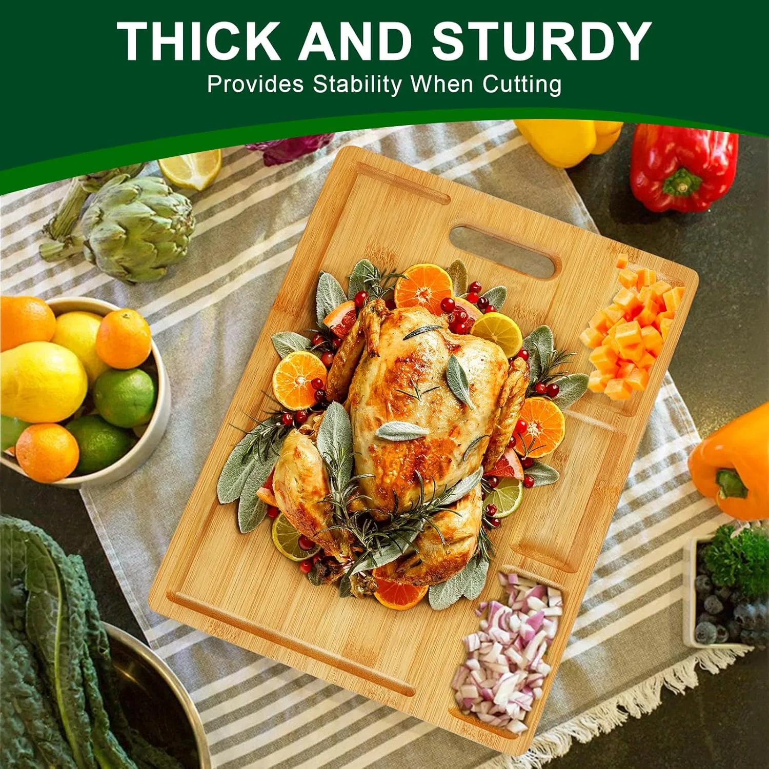 Cutting Boards, Large Bamboo Chopping Board, Built-in 3 Compartments and Juice Grooves,