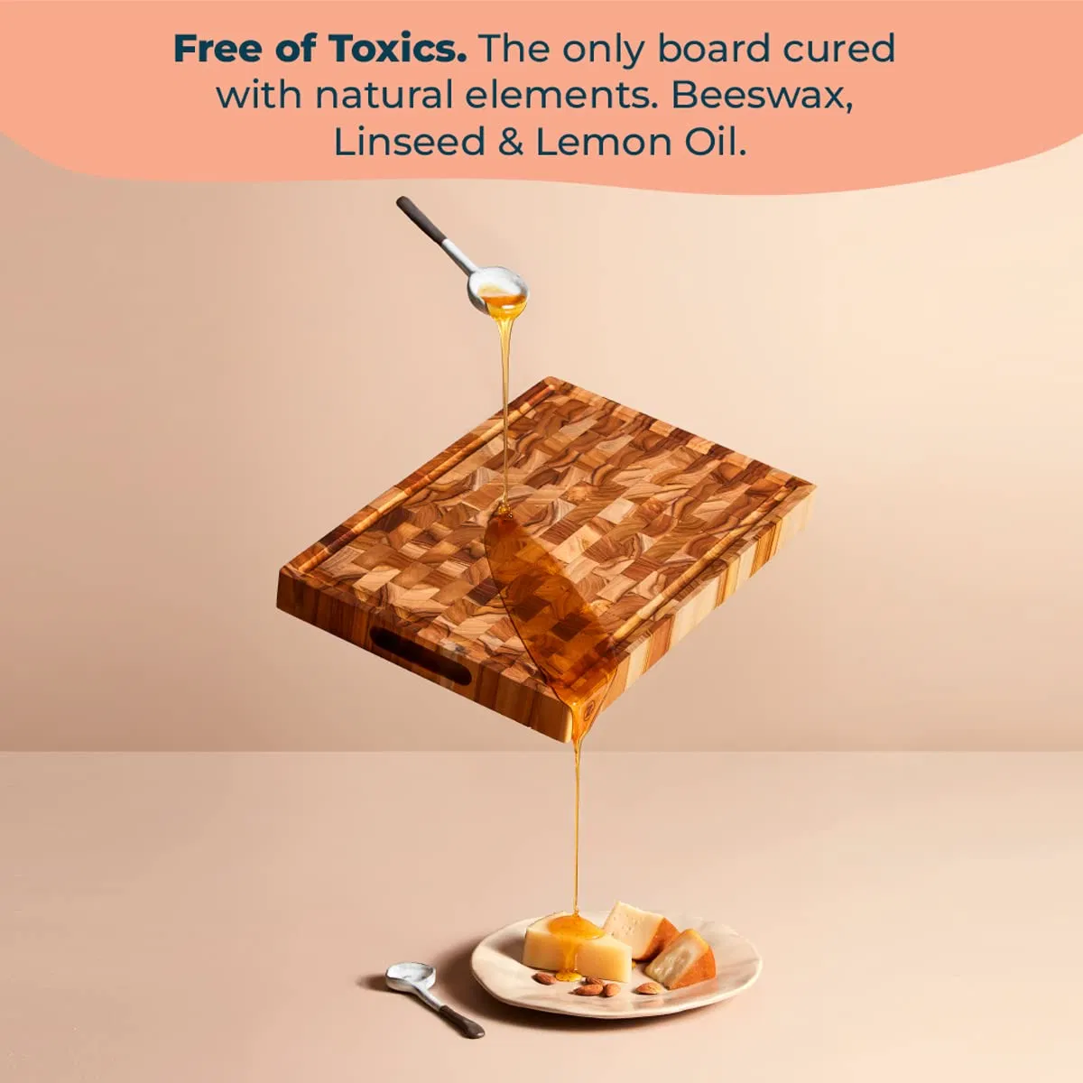 Extra-Large Teak-Wood Butcher-Block Cutting-Board Conditioned with Beeswax Linseed &amp; Lemon-Oil