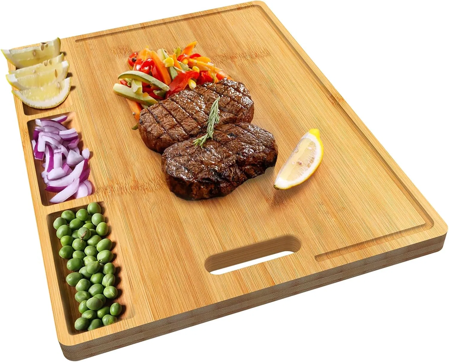 Cutting Boards, Large Bamboo Chopping Board, Built-in 3 Compartments and Juice Grooves,
