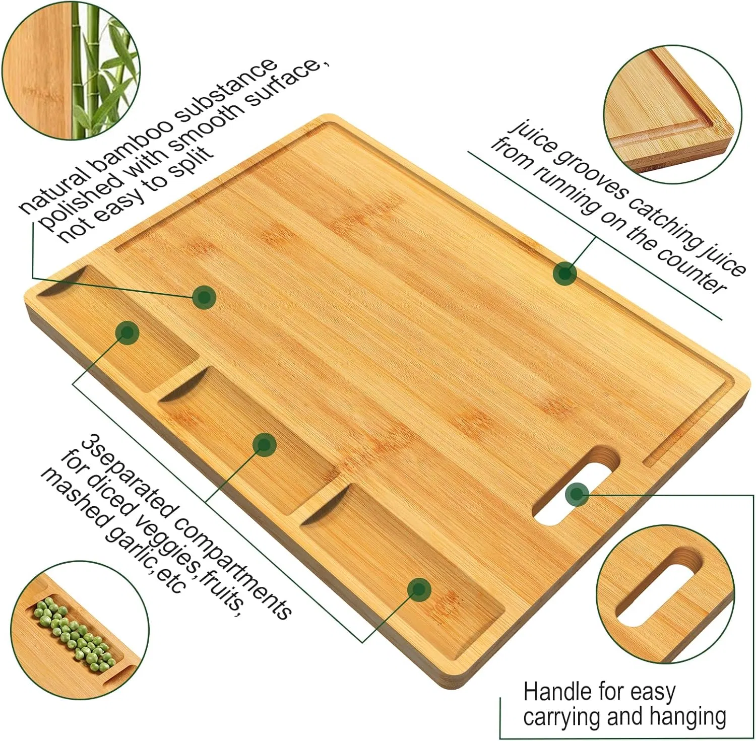 Cutting Boards, Large Bamboo Chopping Board, Built-in 3 Compartments and Juice Grooves,