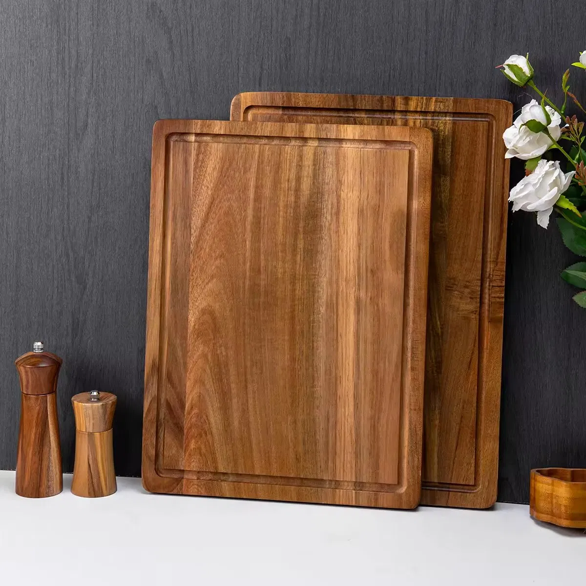 Large Acacia Wood Cutting Board with Juice Grooves for Kitchen Meal Prep Outdoor Food Serving Chopping Cutting Board