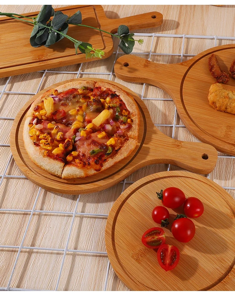 Free Customized Round Bamboo Pizza Cutting Board with Handle with Juice Groove