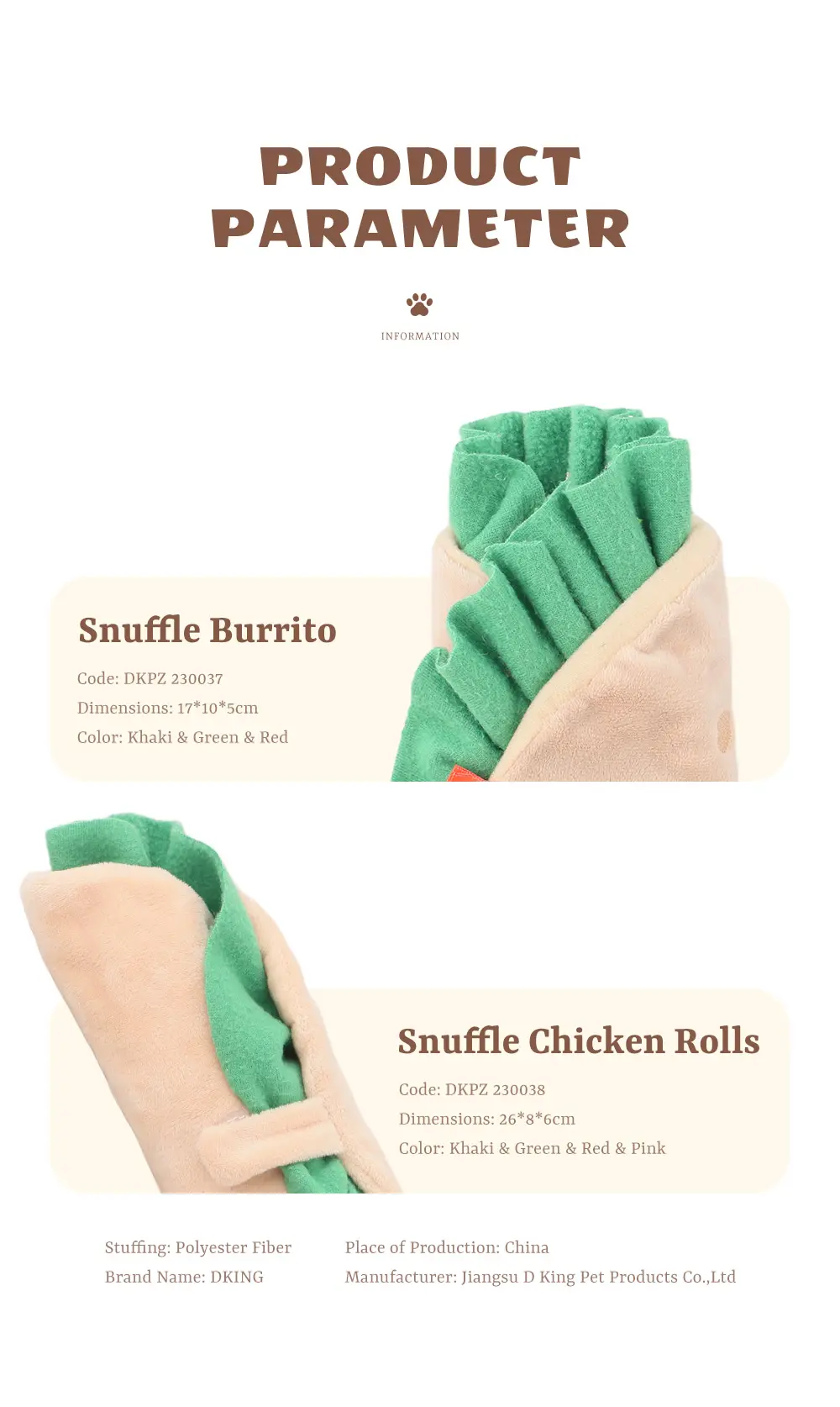Food-shaped Pet Plush Toys: Snuffle Burrito, Snuffle Chicken Rolls