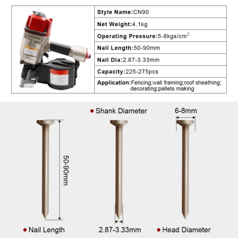 Cn90 Pneumatic Siding Nail Gun, Air Coil Nailer with Rapid Shooting Engine for Pallet, Crating, Wooden Case.