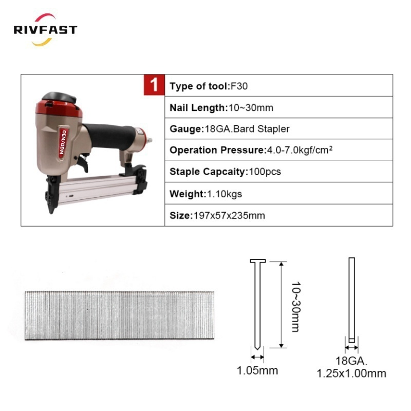 Pneumatic Nail Gun, Industrial Grade Cast Steel Air Brad Nailer F30 Pneumatic Straight Nail Gun Stapler, Pneumatic Nail Gun
