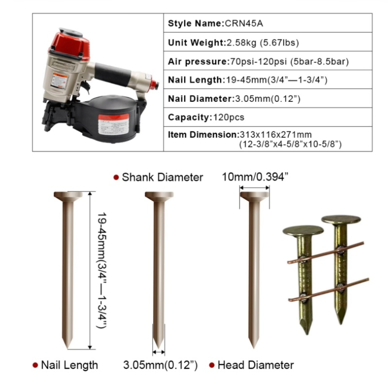 Professional Roofing Coil Nailer Crn45A, 15 Degree Roofing Nail Gun 3/4 Inch to 1-3/4 Inch Coil Nails, Pneumatic Power Nailers in Roofing Tools
