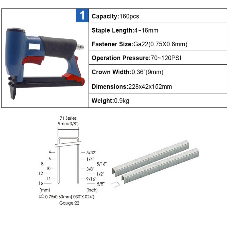 7116 Pneumatic Continuous Firing Upholstery Stapler, 22 Gauge 71 Series 0.36 Inch Crown Staple Gun, Provide OEM/ODM Service