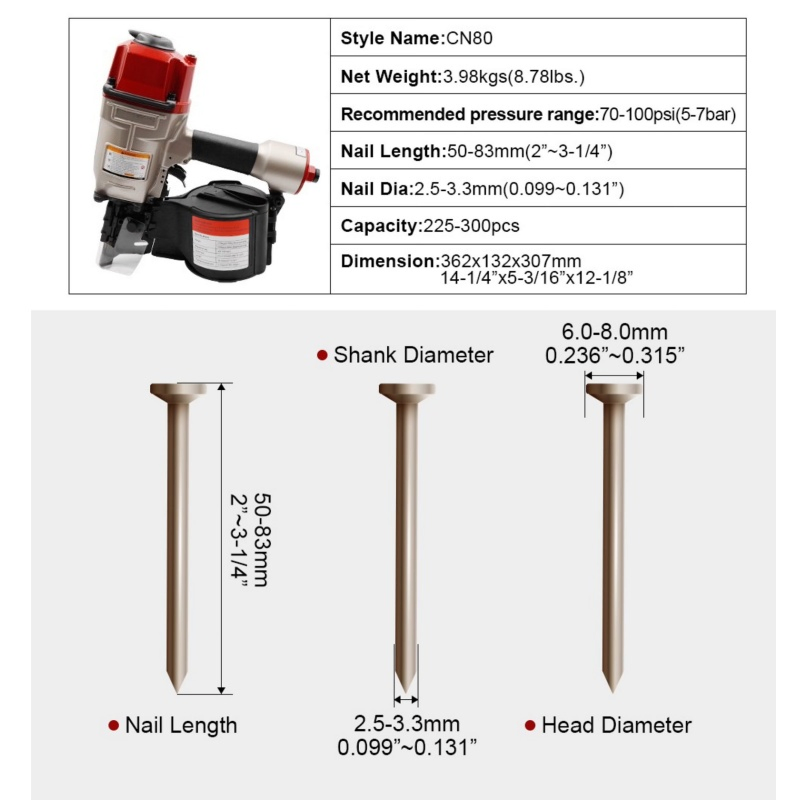 Cn80 Pallet Making Coil Nailer for Roof Siding Board Wood Work Furniture Sheathing Tool Air Pneumatic Roll Nail Gun for DIY Projects Woodworking