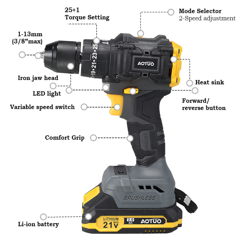 Antauto Brushless 21V Lithium Ion Cordless Impact Drill Power Tool