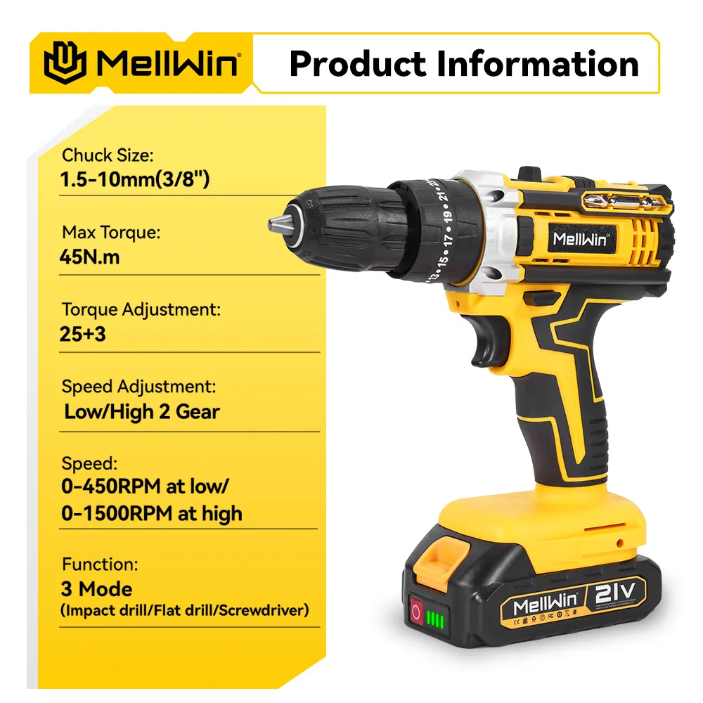 Mellwin 25+3 Torque Electric Impact Drill Tool Set 2 Speed Adjustable Screwdriver