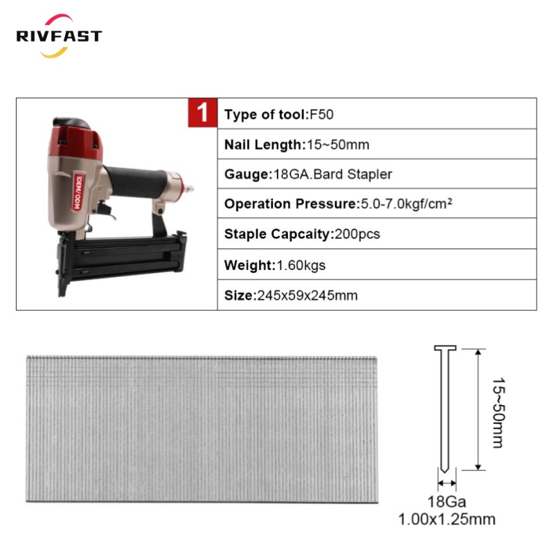 Industrial F50 18 Gauge Air Pneumatic Brad Nailer for Hardwood Floors and Furniture DIY Grade Framing Nail Gun for Woodwork