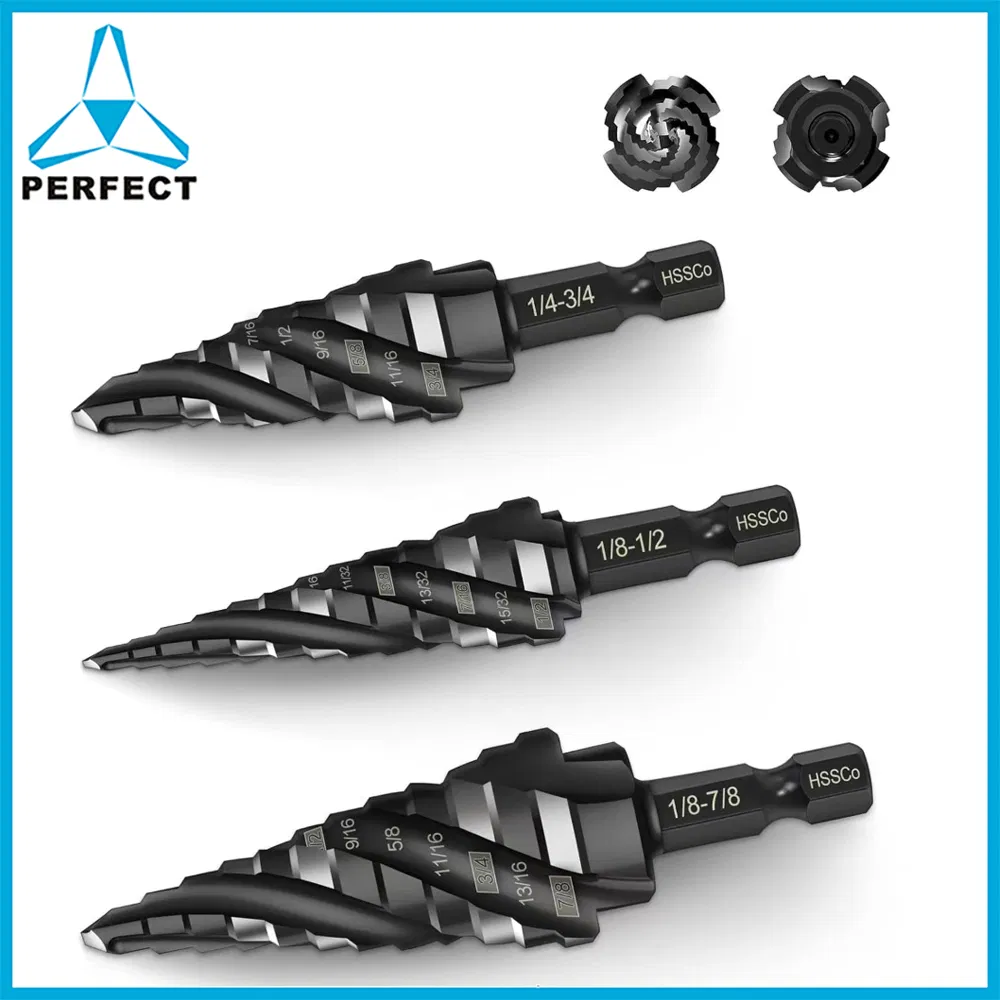 Four Spiral Flute HSS M35 Cobalt Step Drill Bit Set for Aluminum, Wood, Metal, Stainless Steel