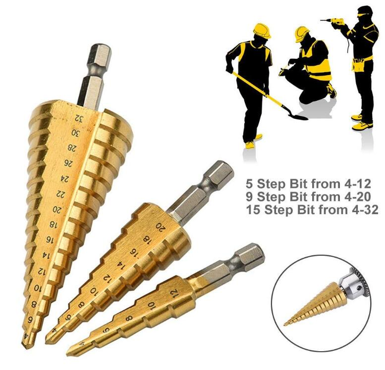 3PCS High-Speed Concrete Metal Steel Step Drill Bit for Wood and Tough Use Step Set