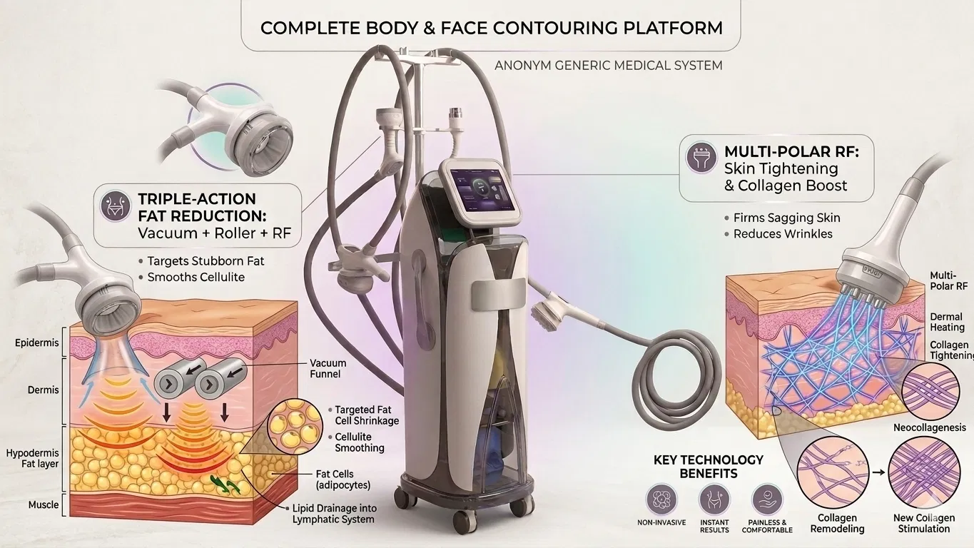 Máquina de Contorno Corporal Multifuncional com Função de Massagem a Vácuo, RF, Cavitação e Aperto da Pele