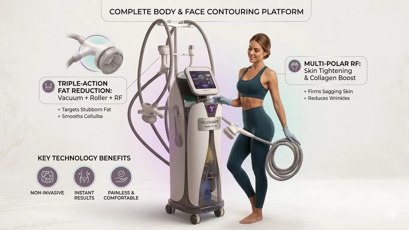 Máquina de Contorno Corporal Multifuncional com Função de Massagem a Vácuo, RF, Cavitação e Aperto da Pele