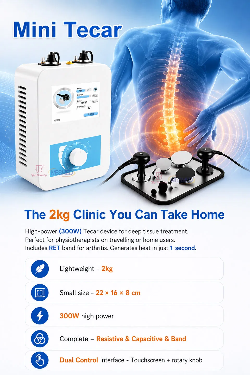 Dispositivo de Terapia por Radiofrequência Mini Tecar 448kHz, Equipamento de Fisioterapia Tecarterapia para Alívio da Dor nas Articulações