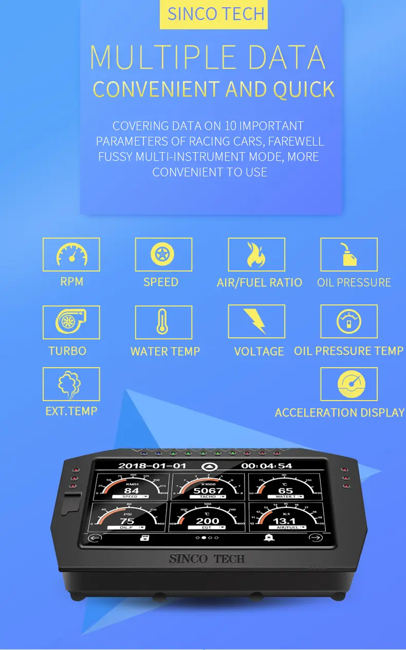 Race Dashboard Colorful LCD Touch-Screen Multi-function Racing Dash Gauge with Full Sensor Kit DO909
