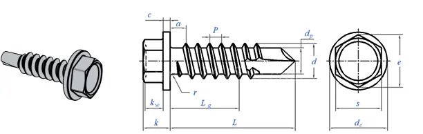 Hexagonal self-drilling screws technical drawing