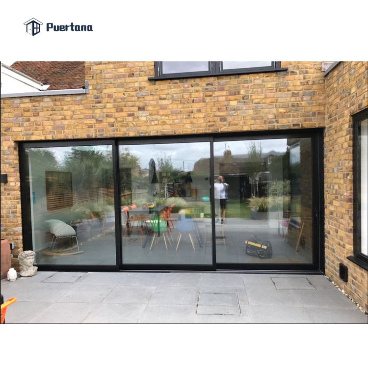 Black 3 Track Aluminium Hanging Stacking Sliding Glass Door with Grid Design for Balcony