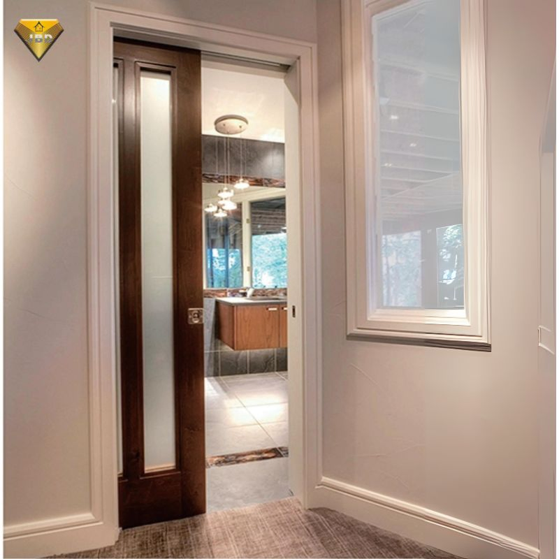 Elegant Wooden Sliding Pocket Door Featuring Stylish Glass Panels