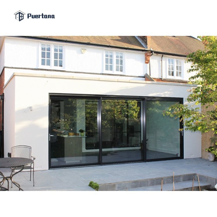 Black 3 Track Aluminium Hanging Stacking Sliding Glass Door with Grid Design for Balcony