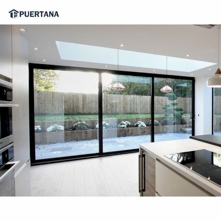 Black 3 Track Aluminium Hanging Stacking Sliding Glass Door with Grid Design for Balcony