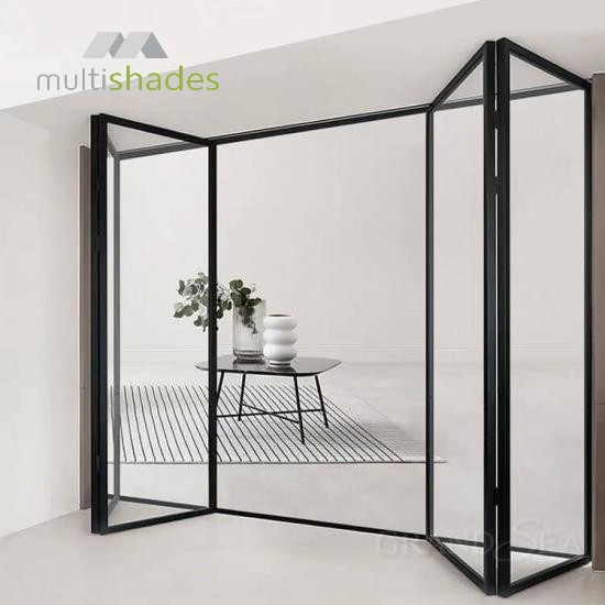 Multishades Bifold Folding Steel Security Metal Door Retractable Screen Tempered Glass Easy Installation Space Saving for Villas/Office