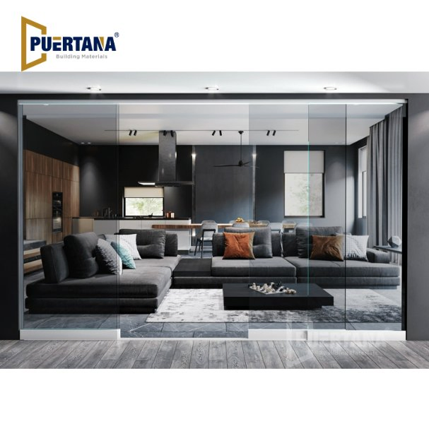 Interior Noiseless Aluminum Frameless Glass Stacking Sliding Door Exterior All Glass Multi Track Sliding Glass Wall System