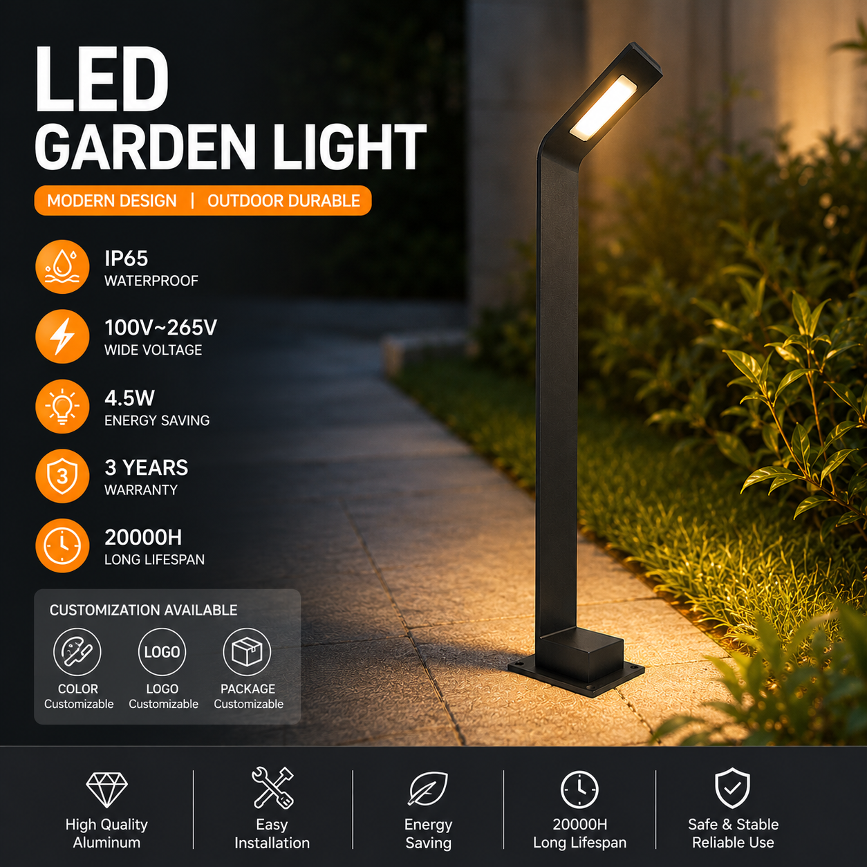 LED Garden Light Outdoor Waterproof IP65 Aluminum Lawn Lamp 4.5W Modern Bollard Pathway Light 100V-265V OEM ODM Support