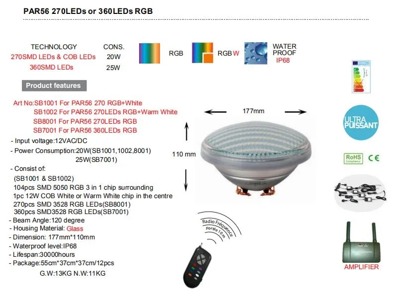 PAR56 12V 20W 270LEDs Underwater LED Light RGB with Remote Control SB8001
