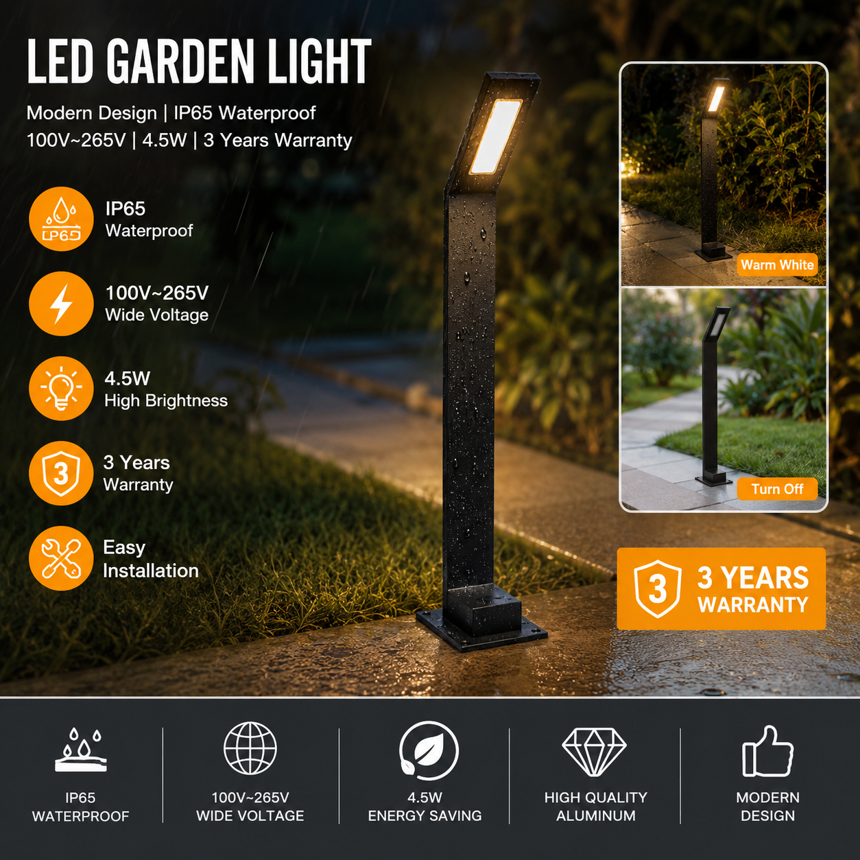LED Garden Light Outdoor Waterproof IP65 Aluminum Lawn Lamp 4.5W Modern Bollard Pathway Light 100V-265V OEM ODM Support