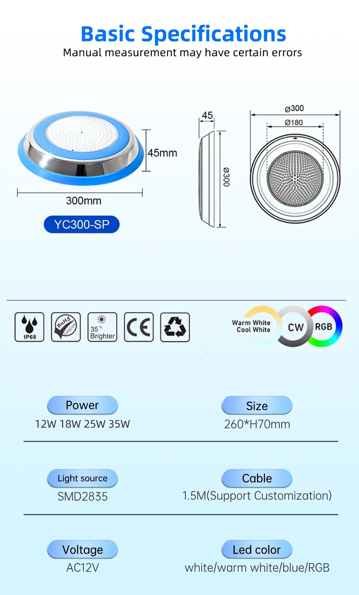 12V IP68 Waterproof RGB LED Pool Light, Energy-Efficient & Durable Underwater Lighting Swimming Pool Light Underwater LED-Light