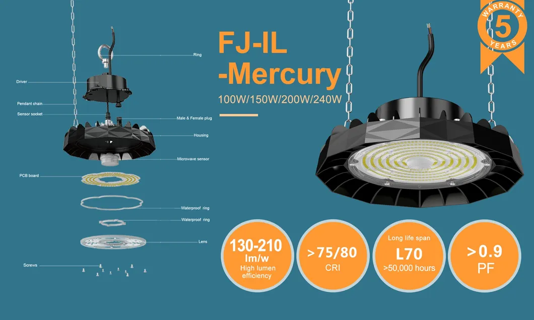 Time-Control Additional Microwave Sensing 100W 150W 200W 240W 130lm/W High Bay Light