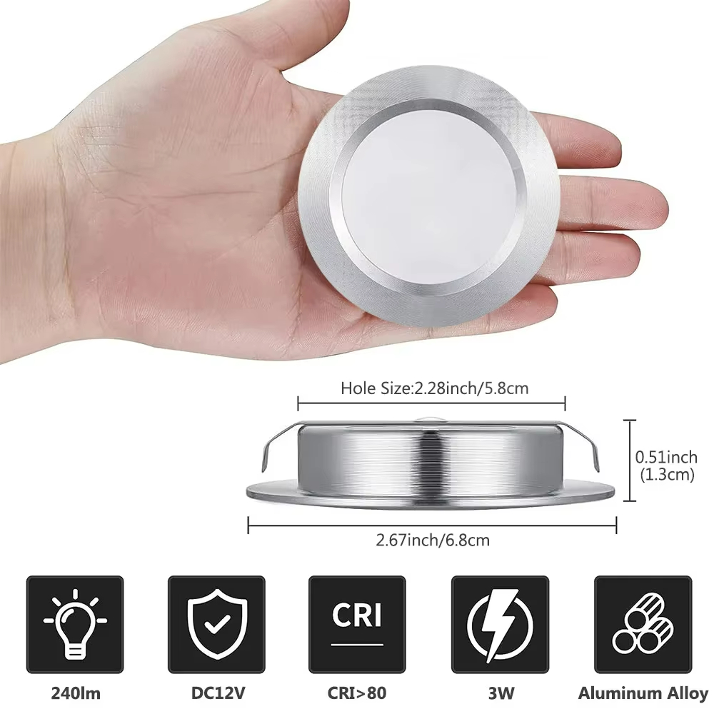 Manufacturer OEM Mini Led Panel Light Round Dimmable Recessed Ceiling 3W Spotlight Cabinet Showcase RV Indoor Lighting 12V/24V