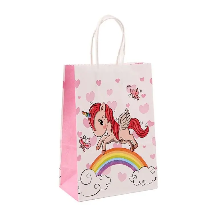 China Supplier Custom Kids Birthday Party Packaging Craft Kraft Unicorn White Shopping Kraft Paper Gift Bag