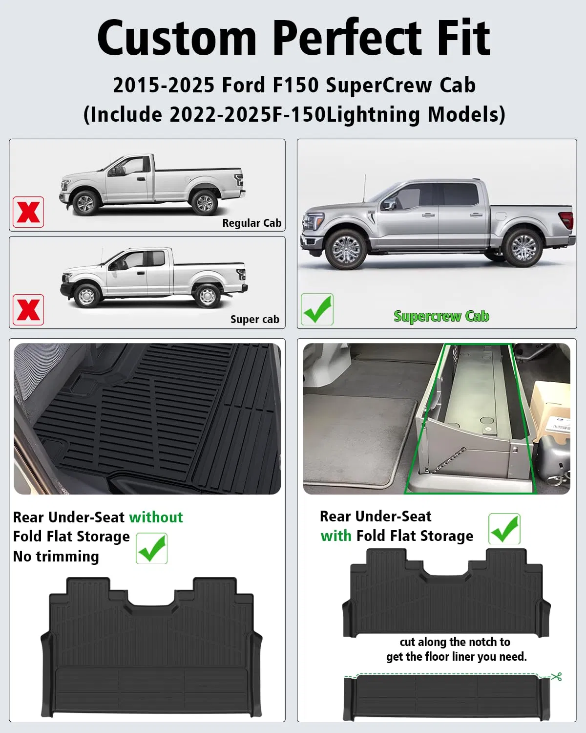 Alfombrillas adecuadas para 2015-24 F-150 F150 Super Crew Cab (incluye 22-24 modelos Lightning), protección contra todas las condiciones climáticas 3D forros, impermeables anti-SL