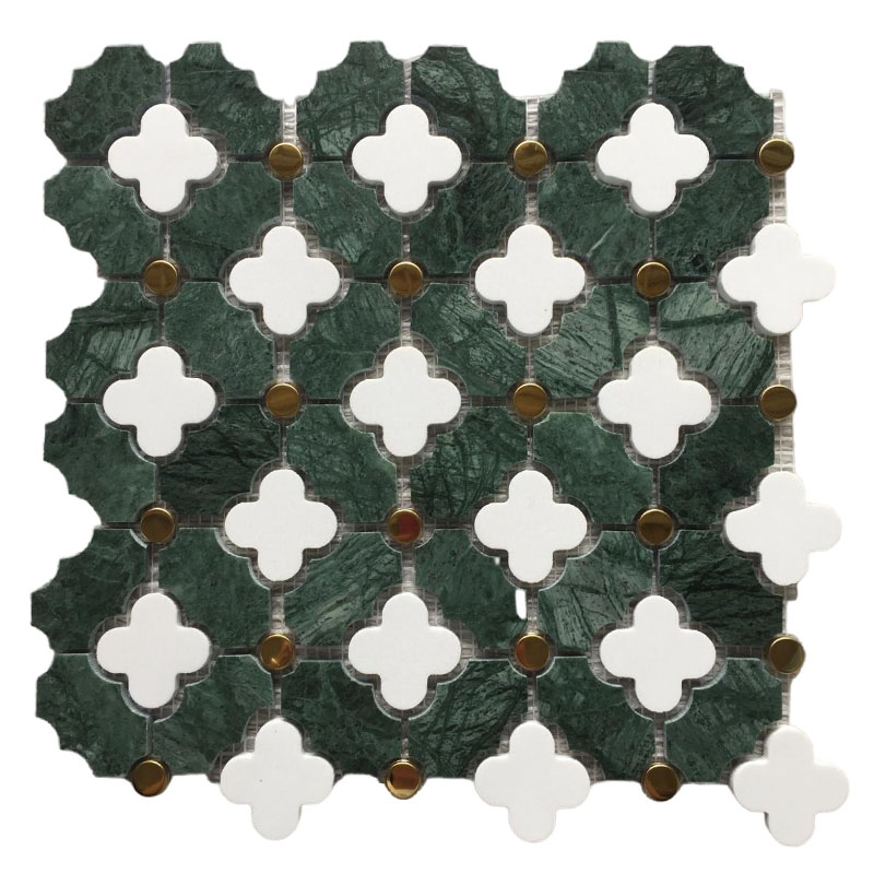 Waterjet Marble Flower Indian Green Mix White Brass Matel Dots Inlay Mosaic